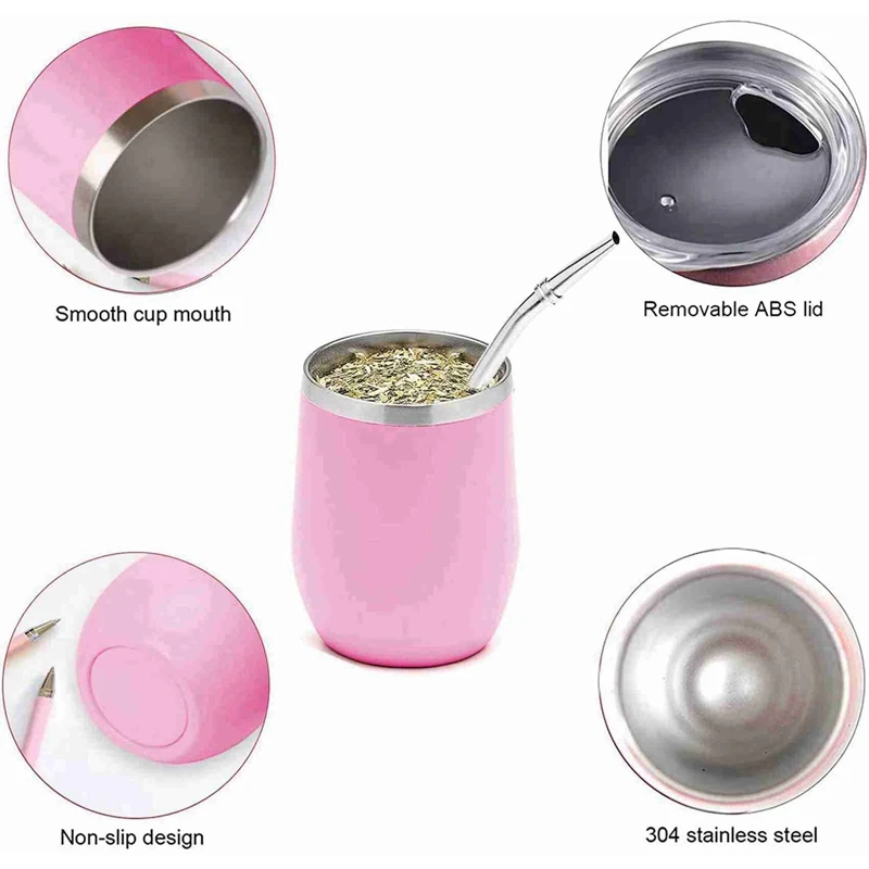 2X Double-Wall Stainless Yerba Gourd Mate Tea Set Water Mate Tea Cup With Lid Spoon Straw Bombilla Head Filter Brush