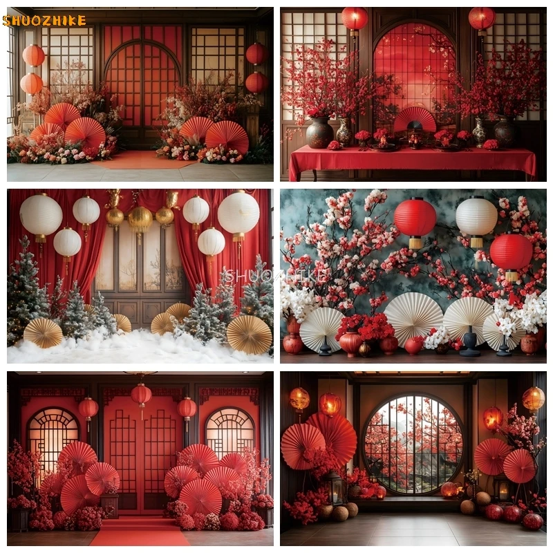 

Red Chinese Style Photograph Backdrop Floral Lantern Chinese New Year Wedding Party Deocr Portrait Background Photo Studio Props