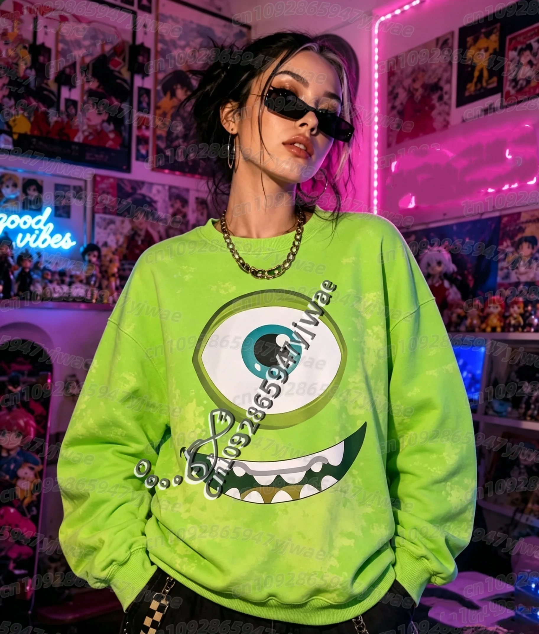 26 Herbst-Winter Damen Lustiger Großaugen-Monster-Print Langarm Unisex Cartoon-Sweatshirt O-Ausschnitt Pullover Damen Hoodies – Detail 5