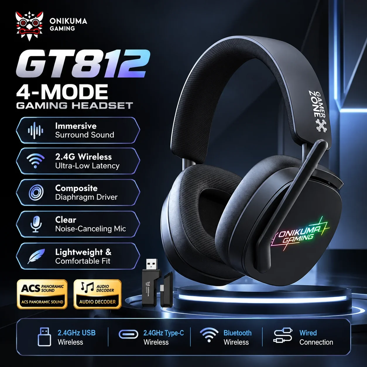 ONIKUMA GT812 Wireless Gaming Headset 2.4G Low Latency 50mm Driver RGB Headphones With Mic For PC PS5 Switch Phone Laptop PS4