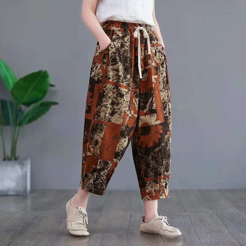 

Women's Harem Pants Cotton Linen Summer Casual Loose Ankle-length Pants Female Mom Printed Elastic Waist Capris Pants for Women