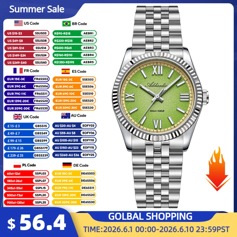 

ADDIESDIVE VH31 Quartz Watches For Men 36mm Sapphire Glass 100m Waterproof Luxury Wristwatch BGW9 Luminous Stainless Steel Watch