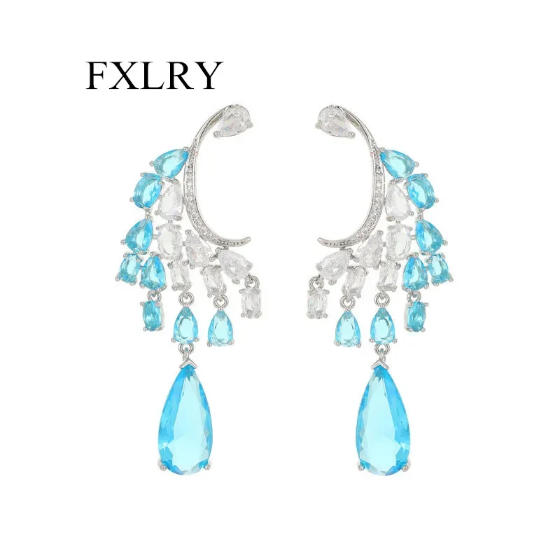 

FXLRY Personality s925 Silver Needle Super Flash Zircon Peacock Feather Drop Earrings For women Jewelry