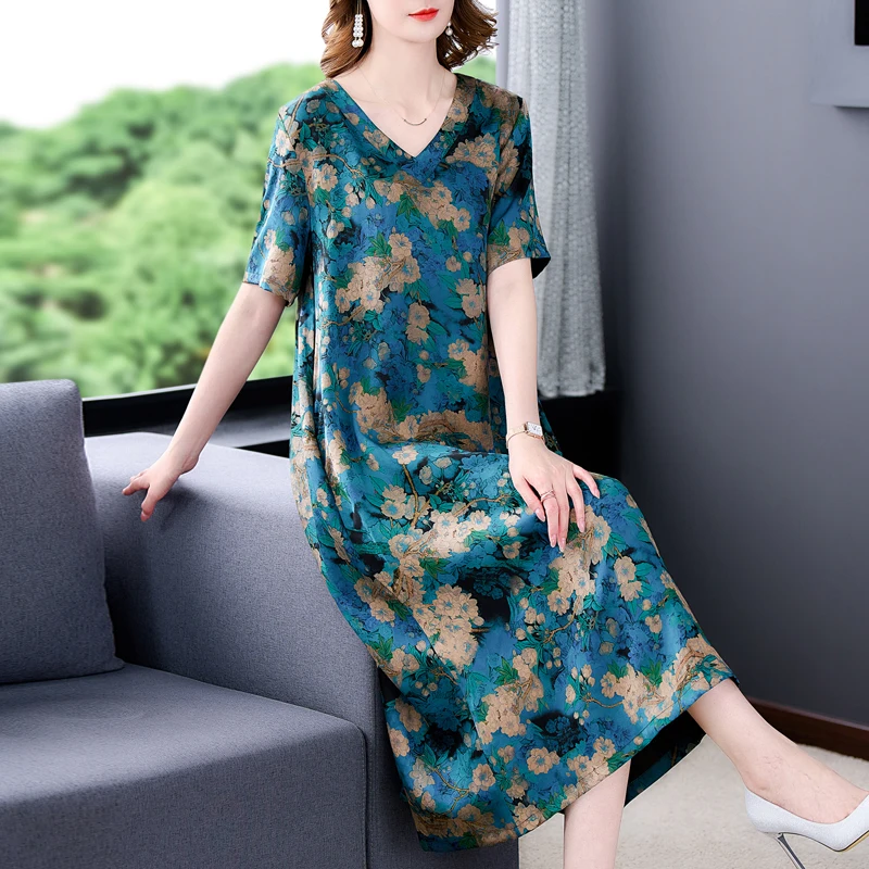 2024 New Blue Floral Natural Silk Satin Midi Dress Summer Short Sleeve Elegant Loose Dress Women Korean Vintage Casual Dresses