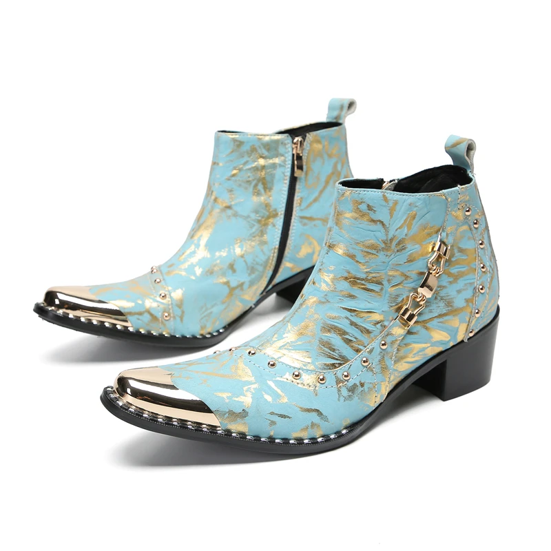 Iron Toe Print Real Leather Ankle Boots for Men Studded Fashion Party/Wedding Boots Men New Luxury Design Men's Shoes Gold