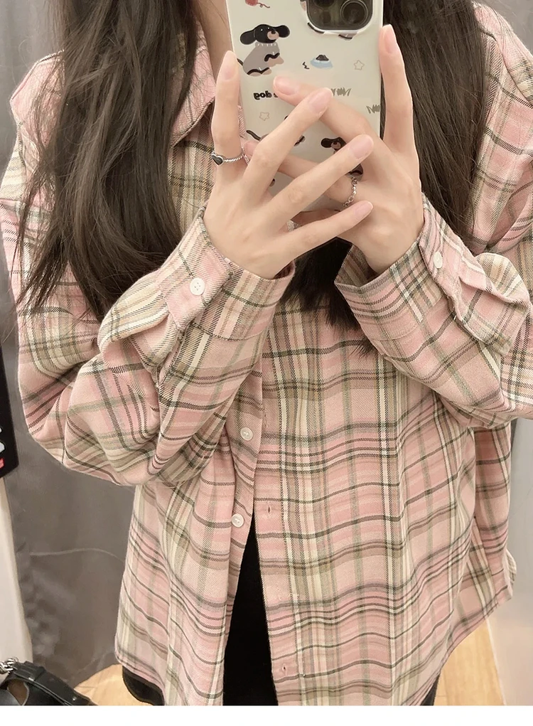 

2024 Autumn New Pink Plaid Shirt Tops Turn Down Collar Long Sleeve Single Breasted Loose Straight All Match Female Clothing