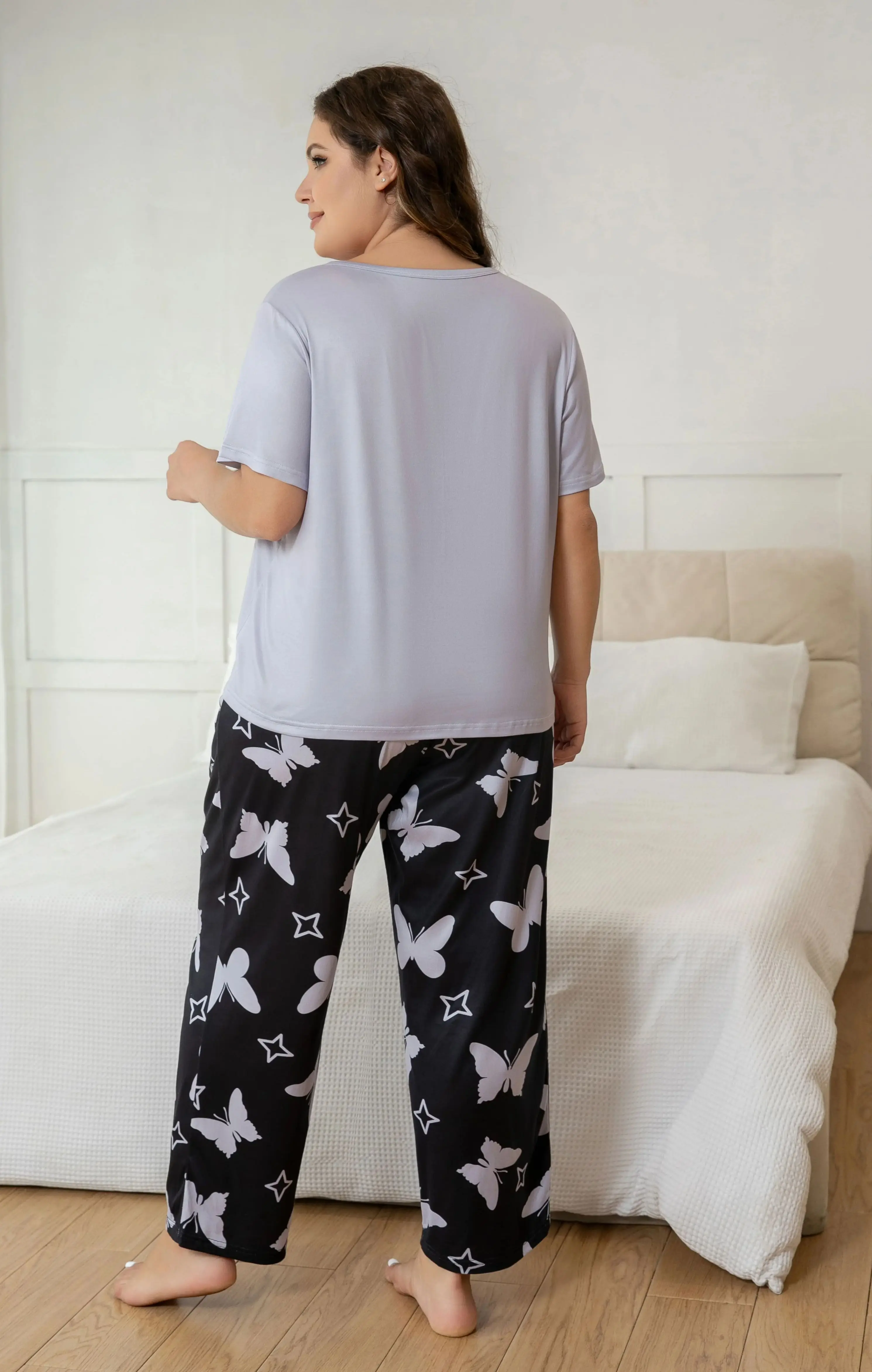 Plus-size Ladies Casual Light purple butterfly print short sleeve trousers pajamas set - suitable for home