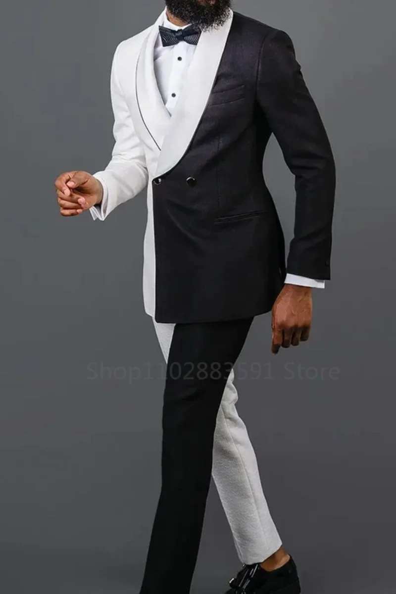 2 Pieces Newest Splicing Colors  Men Suits Set  Wedding Groom Tuxedo White Black Blazer+Pants Prom Dress Coat