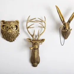 Antique Bronze Resin Animal Pendant Golden Deer Head Wall Storage Hook Up Background Wall Accessories Decorative Figurines