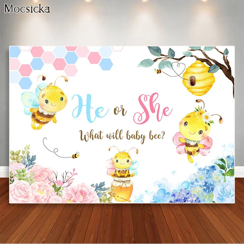 

Honey Bee Gender Reveal Party Photography Backdrop He or She What Will Baby Bee Background Baby Shower Cake Table Decor Banner