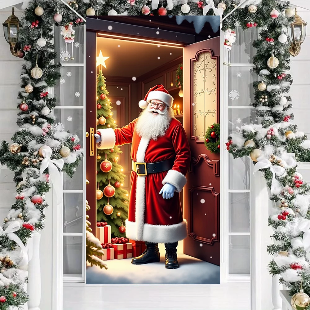 Christmas Door Flags Santa Claus Snowman Photos Home Background Decorations Curtains Hanging Cloth Christmas Outdoor Decoration