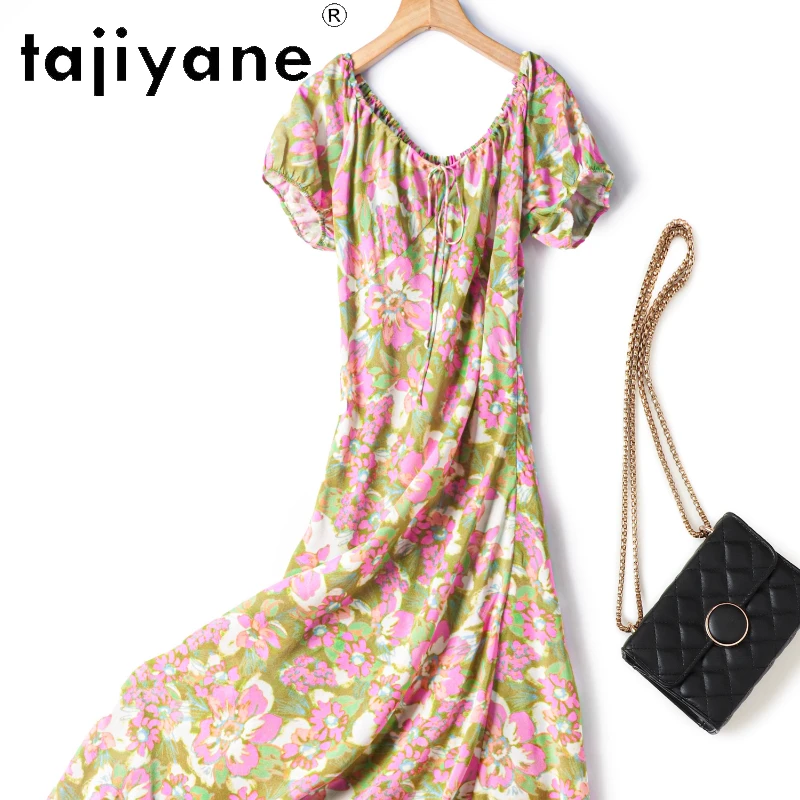 

Tajiyane 100% Mulberry Silk High End Summer New Silk Round Neck Lace Up Yellow Leaf Short Sleeved Diagonal Cut Dress 빅사이즈 여성 의류