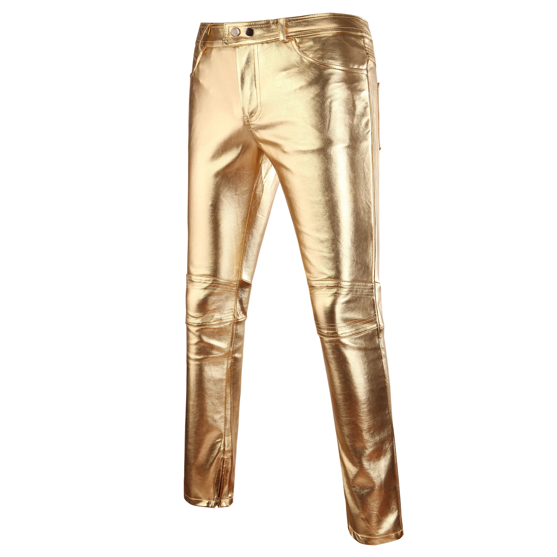 2023 Men's slim fitting party performance gold imitation leather trousers Men's nightclub stage trousers Dancer casual pants