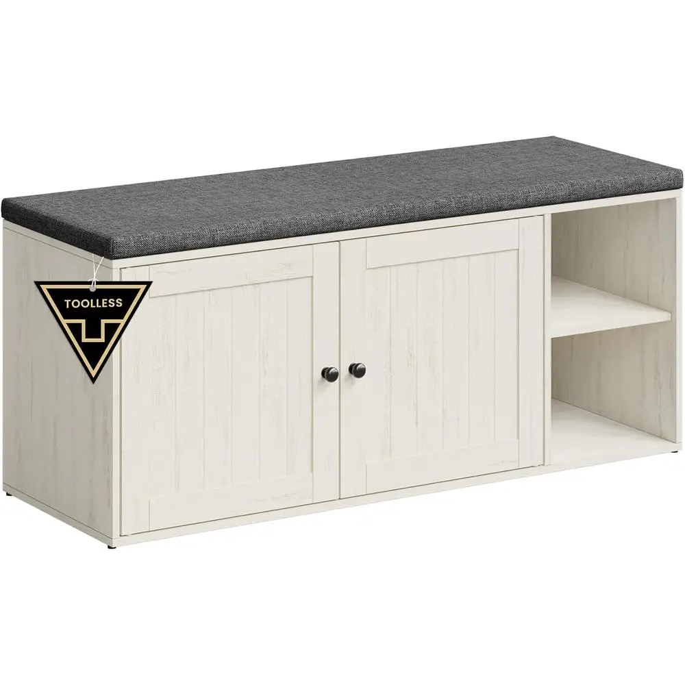 Shoe Storage Bench with Door & Adjustable Shelf, Rustic White & Gray, 14x40.2x17.3