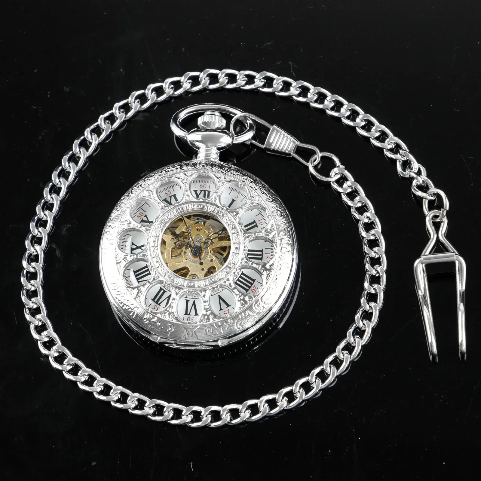 Casual Fashion Silver numeri romani orologi da tasca meccanici Vintage per uomo donna orologio da polso a mano Half Hunter