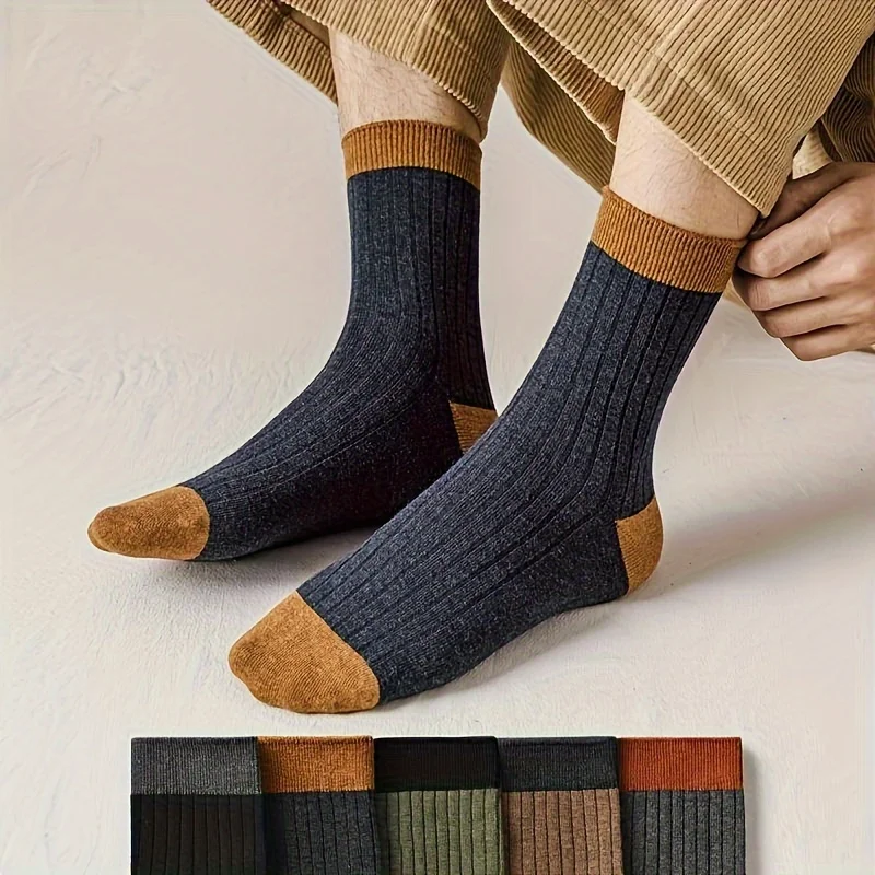 

5 pairs of 5-color pure cotton spring and autumn men's socks long, mid tube, all cotton solid color new men's socks simple and f