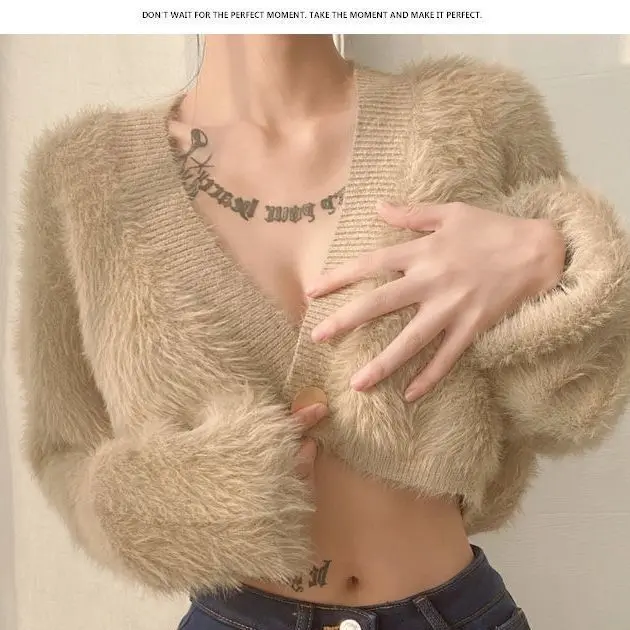 Gagaok Light Luxury Mink Fur Sweater Jacket Versatile American Retro Streetwear Short Knitted Cardigan Casual One Button Clothes