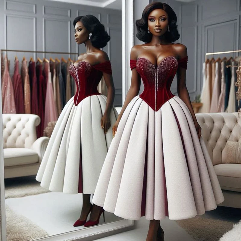 

Бордовые и белые вечерние платья с открытыми плечами Блестящие бисерные платья для выпускного вечера длиной до чая Вечернее платье Robe De Soiree