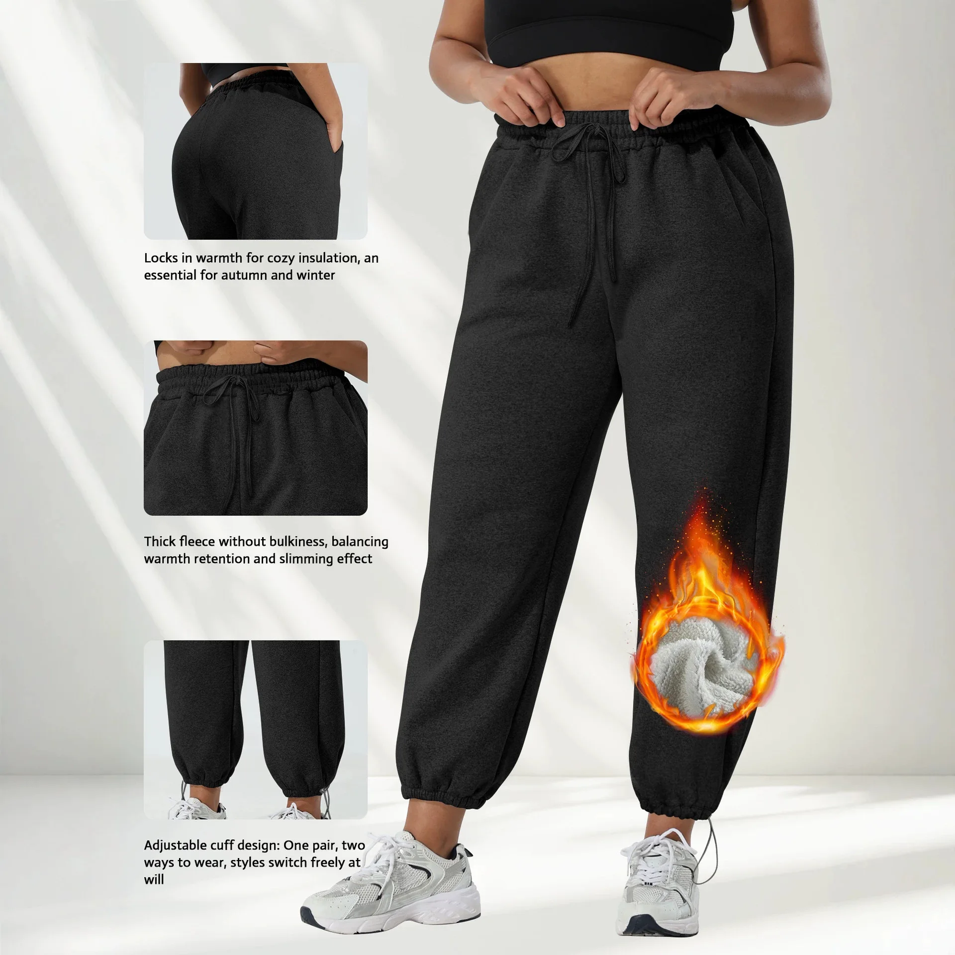 Women Plus Size Fleece Lined Jogger Pants Drawstring Waist Adjustable Cuff Winter Thermal Loose Sports Sweatpants