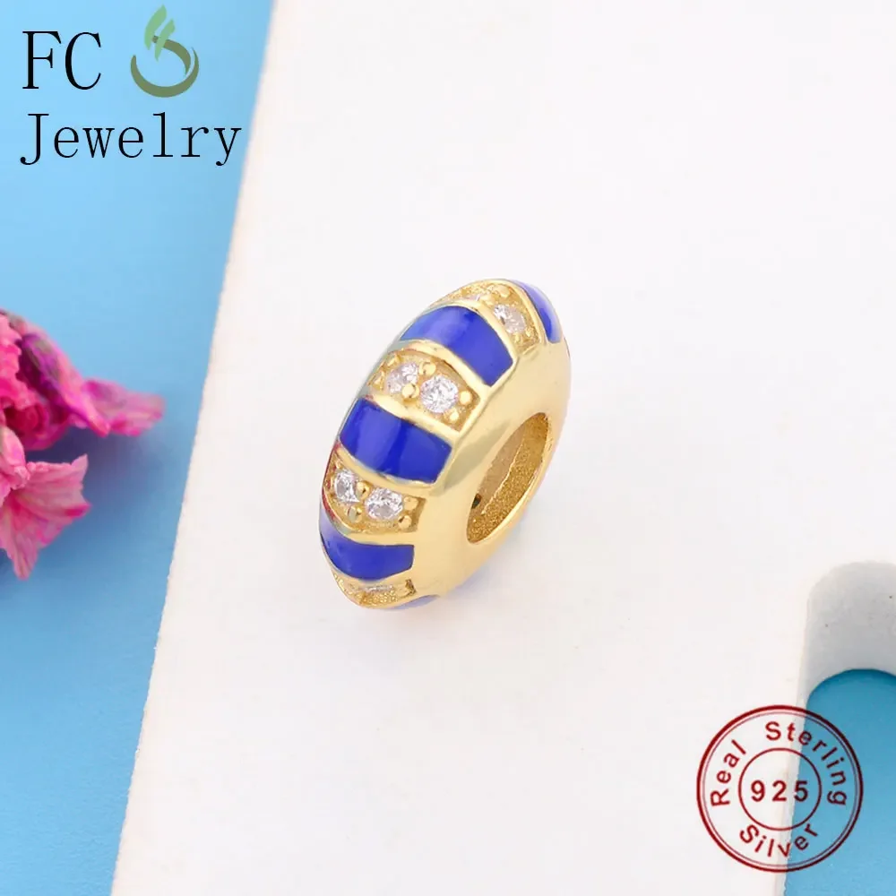 Fc jóias caber marca original encantos pulseira 925 prata esterlina azul cor do ouro pedra exótica cz espaçador grânulo fazendo berloque