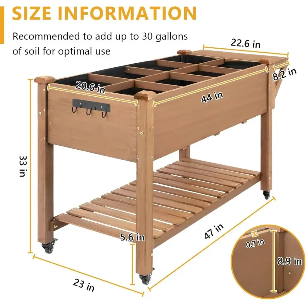 Mobile Elevated Wood Planter with Lockable Wheels, Storage Shelf, Protective Liner, 55.5x24x32in Brown