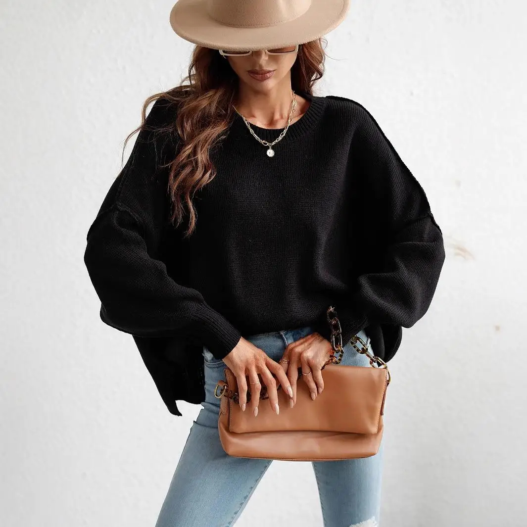 

Свободный вязаный свитер с круглым вырезом для женщин, весна-лето-осень, модный повседневный, длинный рукав, однотонный, с круглым вырезом