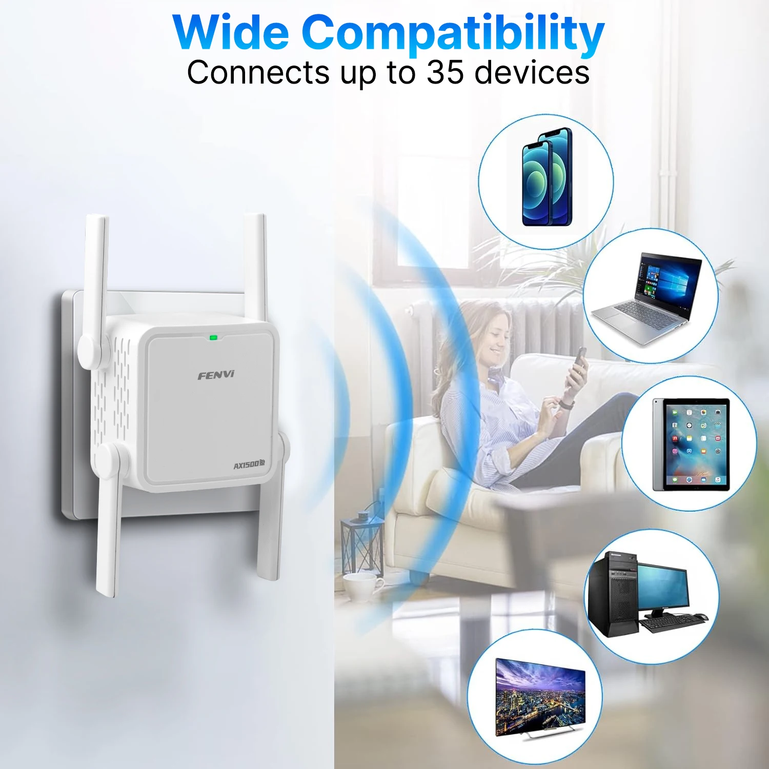 Dual Band WiFi 6 Repeater AX1500Mbps Wireless Range Extender 2.4GHz/5GHz AX1500 Signal Booster with EU/US Plug for Home Office
