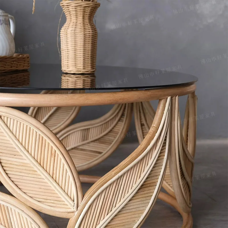 Rattan art coffee table Nordic simple small apartment living room round combination Japanese leaf balcony small round table