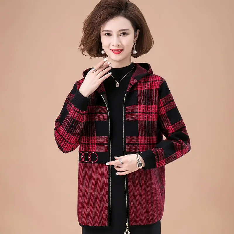 Middle Aged Mother Imitation Mink Velvet Plaid Coat Winter Thick Hooded Knitted Sweater Women Large Size Zipper Cardigan Jacket