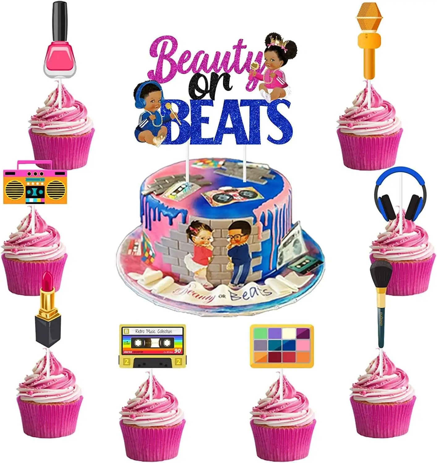 Beauty or Beats Gender Reveal Cake Decorations Beauty or Beats Cake Cupcake Toppers for 90s Retro Disco Hip Hop Themed Party