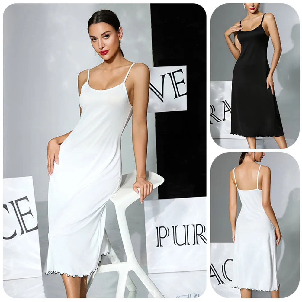 Solid Color Female Long Nightgown Sleepwear Sexy Suspender Nightdress Summer Satin Homewear Loungewear