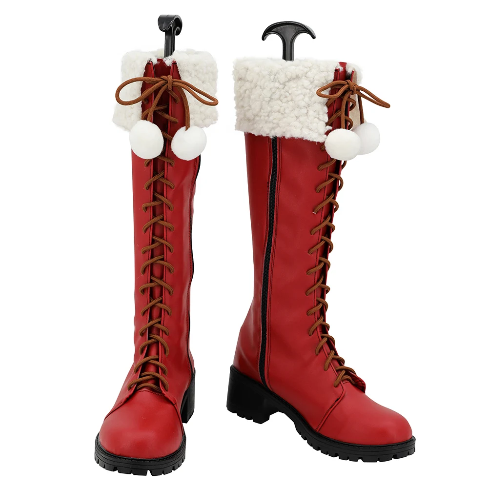 CosplayLove OW GAME DAV NATALE ROSSO Coslay Scarpe Stivali lunghi in pelle realizzati su misura