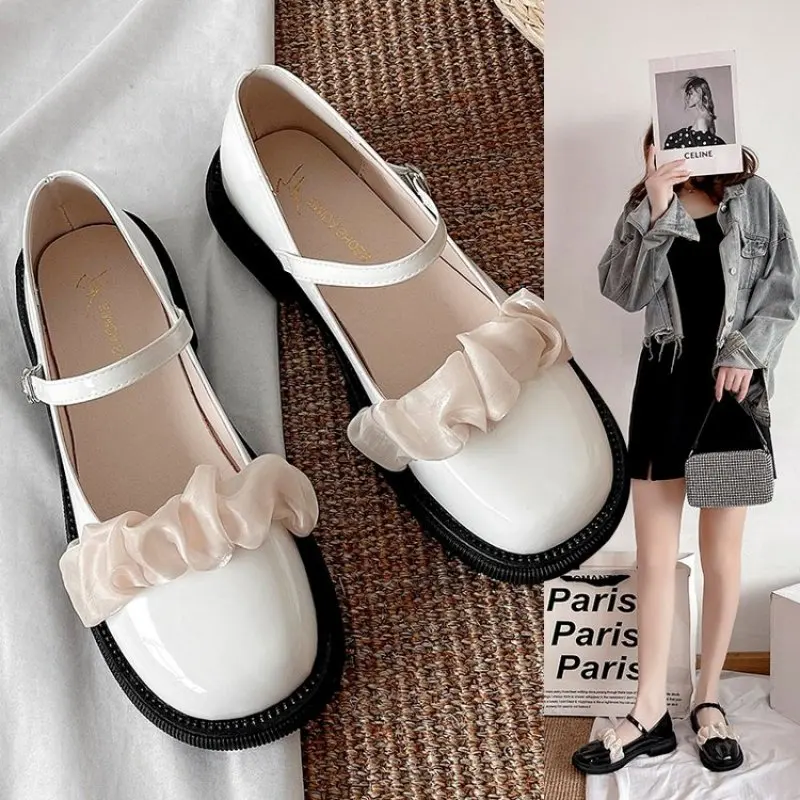 

Shoes for Women 2024 Japanese Style Lolita White Round Toe Low Heel Elegant Kawaii Mary Jane Moccasins Ladies Summer Footwear