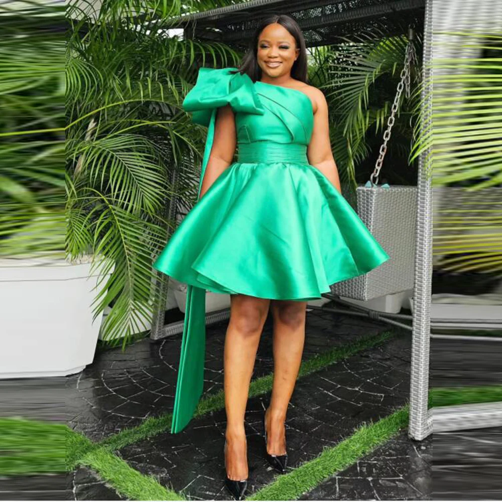 Spring Summer Mini Cocktail Dresses With Shoulder Bows  One Shoulder Prom Dress For African Women Black Girls Birthday Gowns