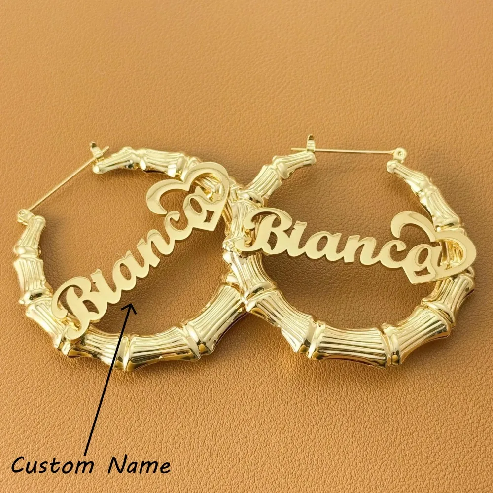 

Бамбуковые серьги с именем по индивидуальному заказу для женщин, позолоченные 18-каратные серьги с именем, персонализированные модные украшения, подарки на день рождения для женщин