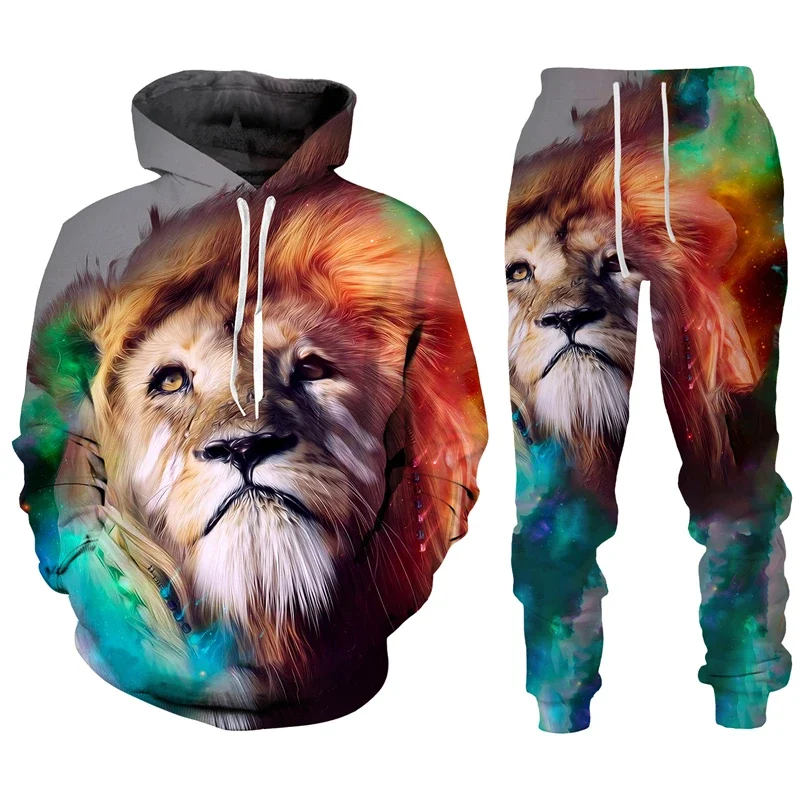 Trend Animal The Lion 3D Print Męskie zestawy dresowe Casualowa bluza z kapturem i spodnie 2szt Zestawy Oversized Bluza Moda Odzież męska