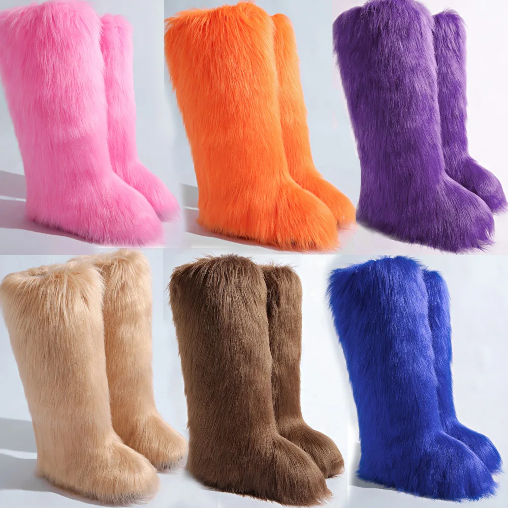 

Новинка зимы 2024, универсальные женские зимние сапоги до колена с высокой текстурой, теплые хлопковые сапоги Fury, высокие сапоги из искусственного лисьего меха