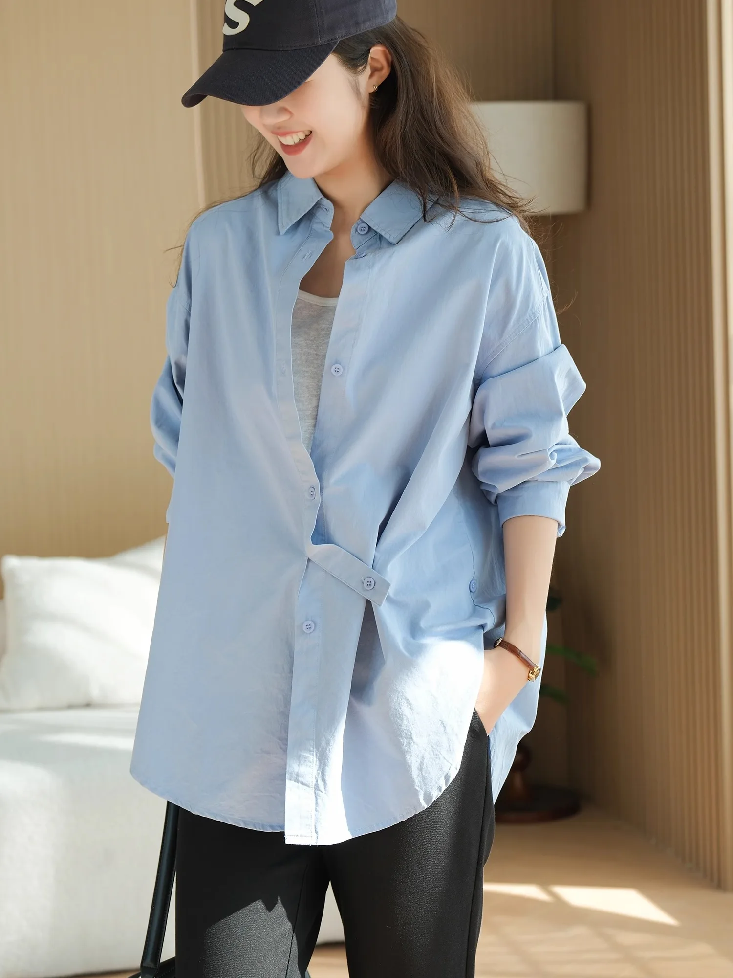 

Loose Korean Sle Women's irt Pure Cotton Early Spring Color Lapel Asymmetrical Button-Up Casual Faion
