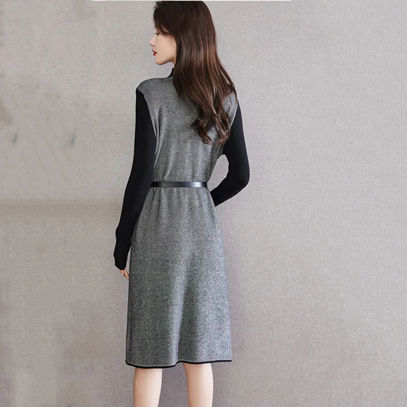 Gaun rajut wanita Retro elegan perca, gaun Sweater wanita panjang selutut, gaun kerah setengah tinggi mode baru 2023, gaun rajut Retro elegan