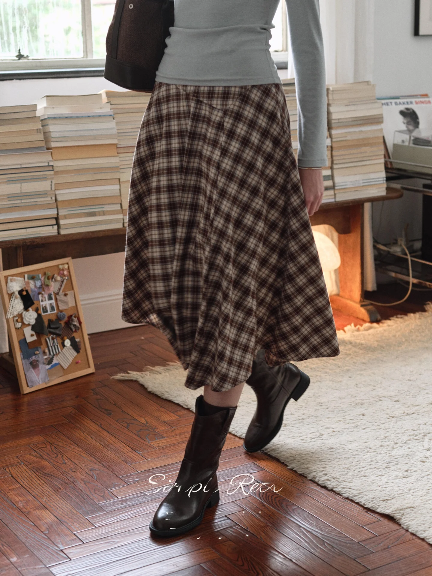 High Waist A-Line Skirt with Ruffle Hem Plaid Pattern Women's Midi Skirt SimpleRetro Brown Casual Cotton Skirts for Ladies