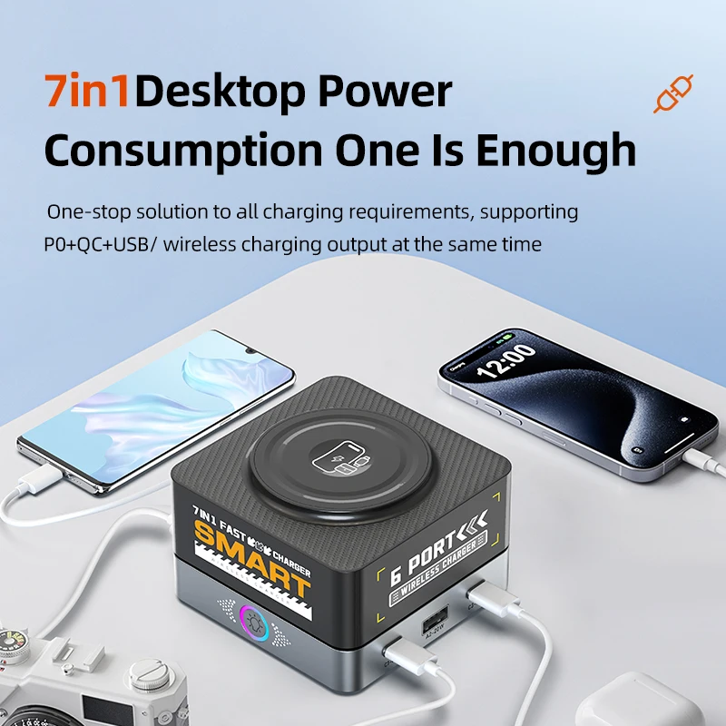 6 Ports Dekstop USB Charger Staion 15W Wireless Charging PD 65W QC3.0 Type C Fast Charger for iPhone Laptop Phone Tablet