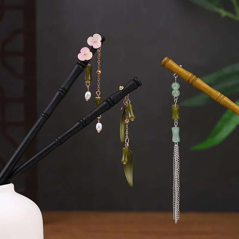 Chinese Bamboo Hair Stick Wooden Hairpin Chopstick Cheongsam Dress Hair Bun Jewelry Simple Tassel Tiaras Vintage Hanfu Headdress