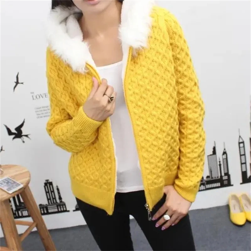 

Women's Knitting Cardigan Sweater Autumn Winter Add Velvet Lining Coat Female Zipper Cardigan Ladies Short knitting Tops 4XL