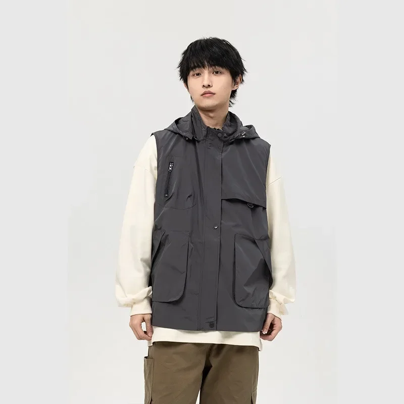 Men's Waistcoat Loose Oversized Summer Youth Vest Japanese Style Workwear Multi Pocket Trendy Casual Hooded Sleeveless Jacket