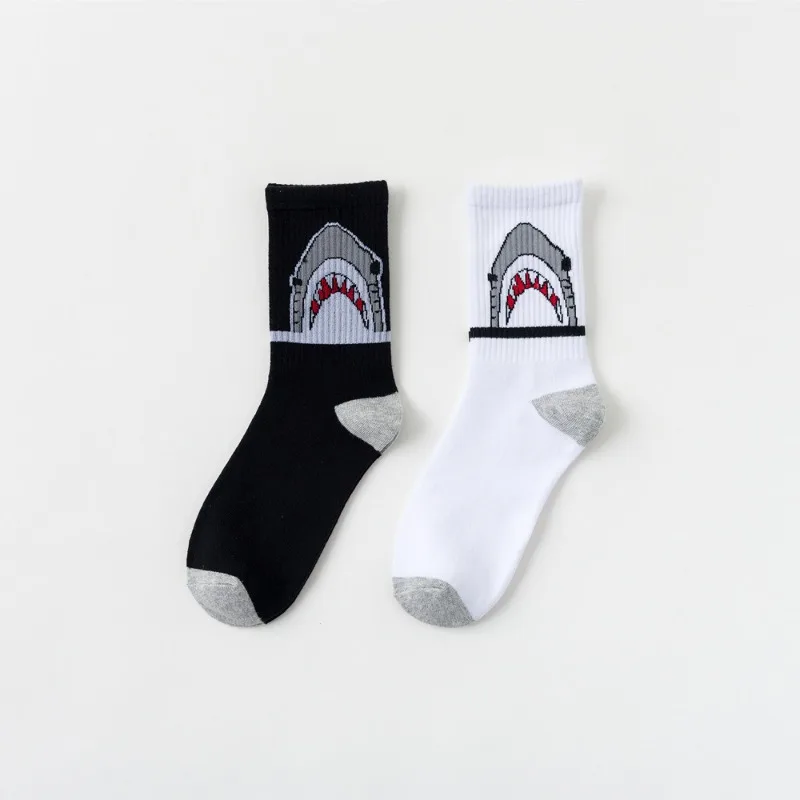 Fashion Shark Hip Hop Socks Men Long Socks Cartoon Hiphop Street Sport Skateboard Black White Crew Socks Street Fashion Gifts