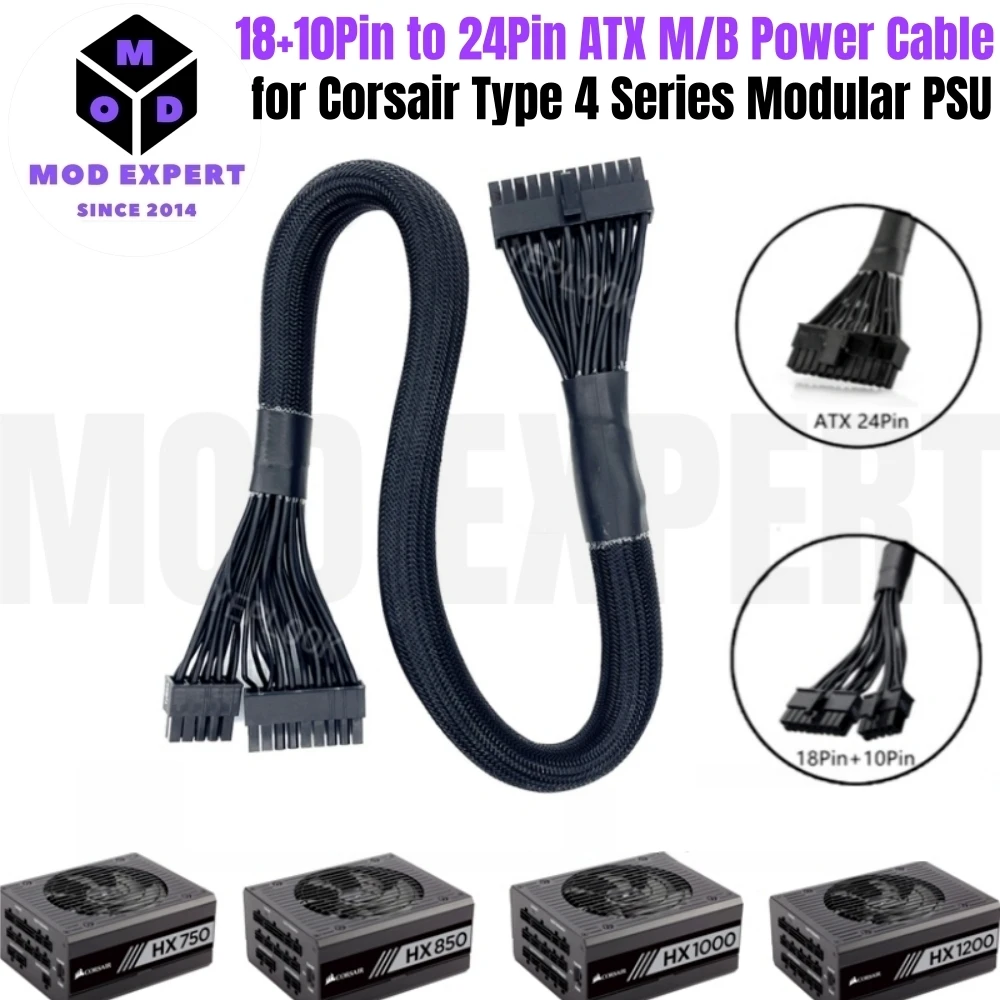 

18+10Pin to 24Pin ATX Main Motherboard Power Cable for Corsair HX750, HX850, HX1000, HX1200 PLATINUM Type 4 Modular, Sleeved Net