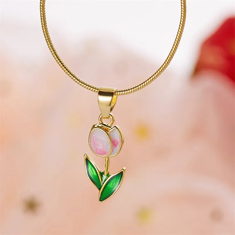 Vintage elegante Emaille-Halskette mit Tulpenblüten-Anhänger für Damen, modische Accessoires für junge Persönlichkeiten, Schlüsselbeinkette, Choker. – Detail 31