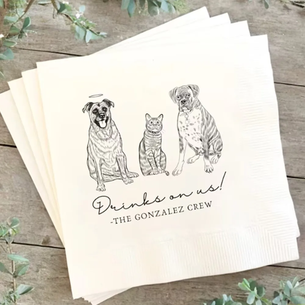 25pcs Custom Pet Cocktail Napkins, Dog Wedding Napkins,  Customized Pet Napkins, Custom Pet Portrait Wedding Napkins