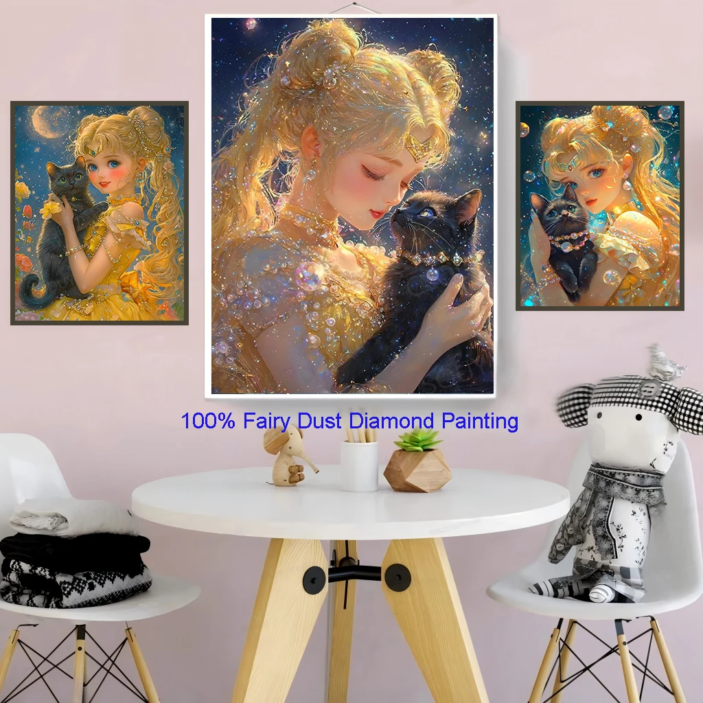 

100% Fairy Dust Diy Diamond Painting Cross Stitch Girl Holding Black Cat Embroidery Square Mosaic Home Decor Needlework Crystal