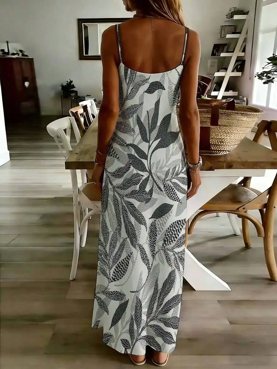 

Leaf Print Sleeveless Maxi Dress Women Summer Casual Loose Fit
